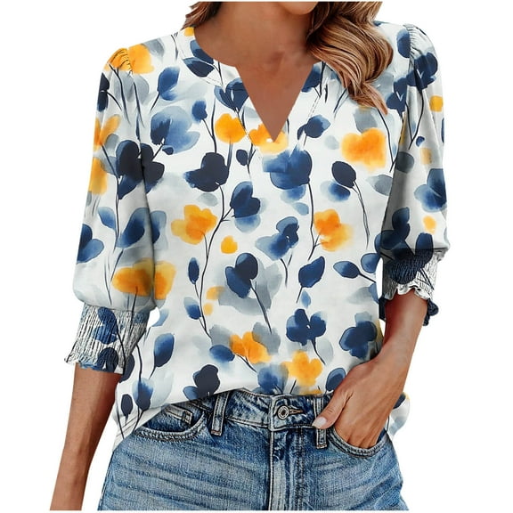 ZQUUVOU Womens T-Shirts Casual Printed Ruffle 3/4 Length Sleeve Tunic Shirt(Blue,L)