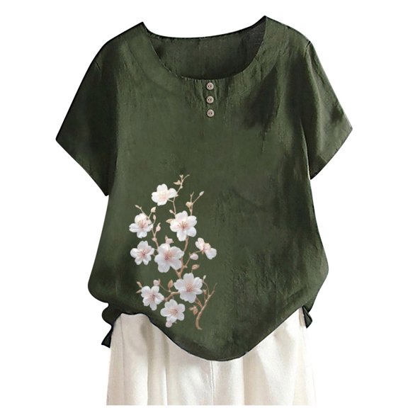 ZQUUVOU Womens T-Shirts Casual Short Sleeve Round Neck Printed Button Loose Fit Tops(Olive Green,4XL)