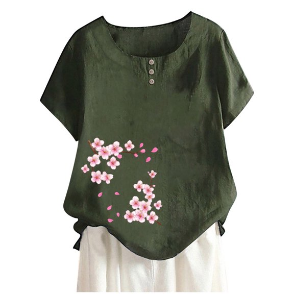ZQUUVOU Womens T-Shirts Casual Short Sleeve Round Neck Printed Button Loose Fit Tops(Olive Green,L)