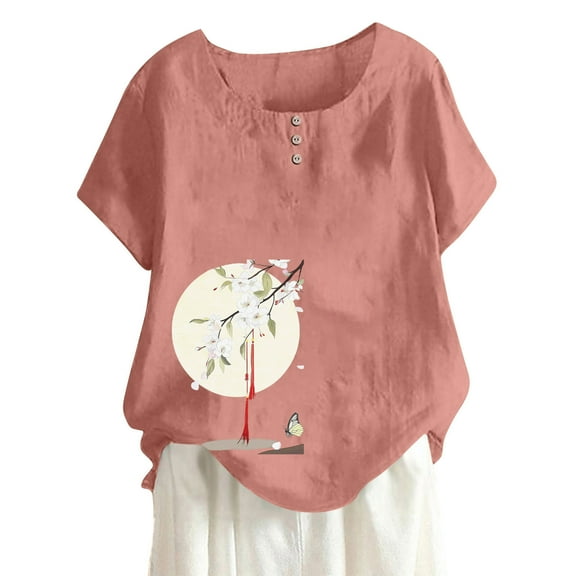 ZQUUVOU Womens T-Shirts Casual Short Sleeve Round Neck Printed Button Loose Fit Tops(Pink,3XL)