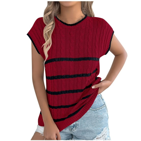 ZQUUVOU Womens T-Shirts Casual Stripe Crew Neck Cap Sleeve Tops(Burgundy,L)