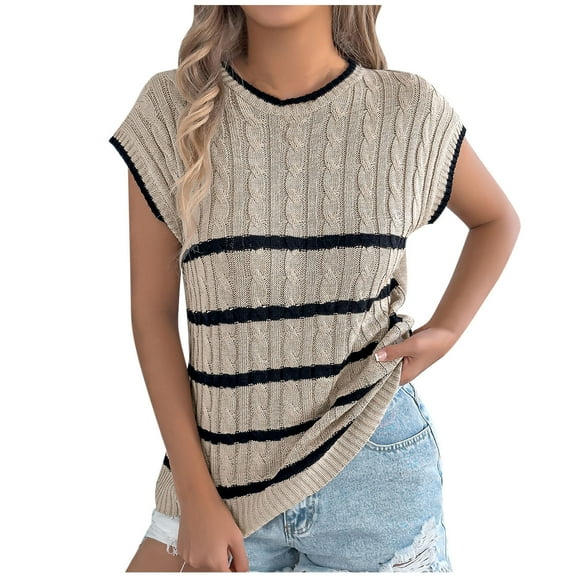 ZQUUVOU Womens T-Shirts Casual Stripe Crew Neck Cap Sleeve Tops(Khaki,L)