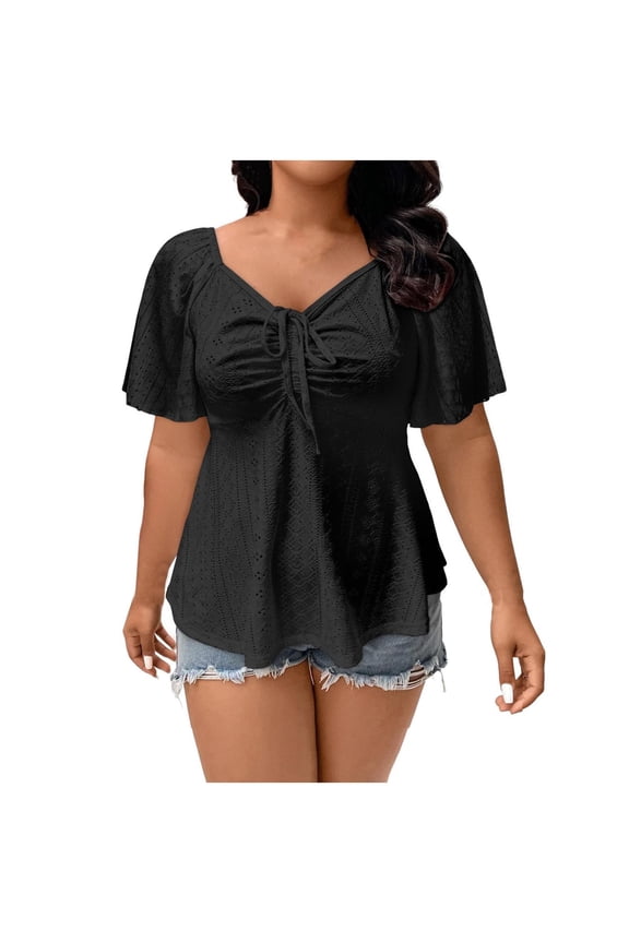 Womens T-Shirts Mesh Breathable V-Neck Short Sleeve Solid Color Casual Pleated Hem Shirt(Black,4XL)