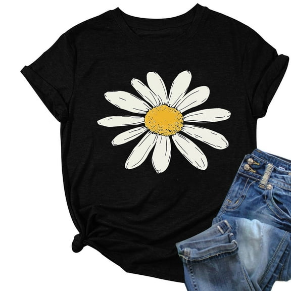 ZQUUVOU Womens T-Shirts Printed Crew Neck Short Sleeved Summer Casual Tops(Black,2XL)