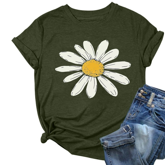 ZQUUVOU Womens T-Shirts Printed Crew Neck Short Sleeved Summer Casual Tops(Olive Green,L)