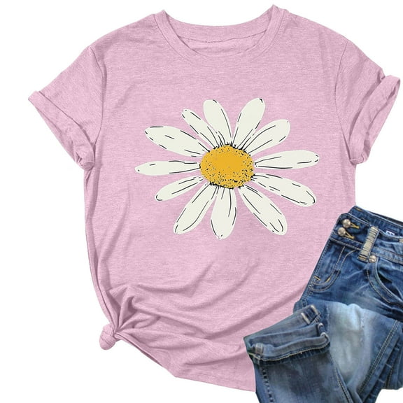 ZQUUVOU Womens T-Shirts Printed Crew Neck Short Sleeved Summer Casual Tops(Pink,S)