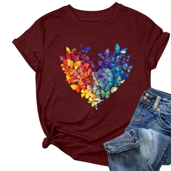 ZQUUVOU Womens T-Shirts Printed Floral Crew Neck Short Sleeved Tops(Burgundy,3XL)