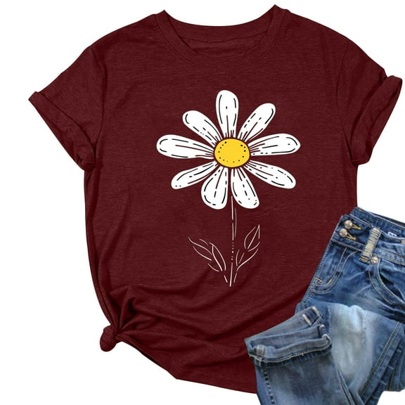 ZQUUVOU Womens T-Shirts Printed Floral Crew Neck Short Sleeved Tops(Burgundy,L)