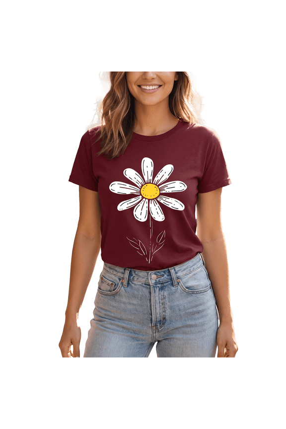 Womens T-Shirts Printed Floral Crew Neck Short Sleeved Tops(Burgundy,L)