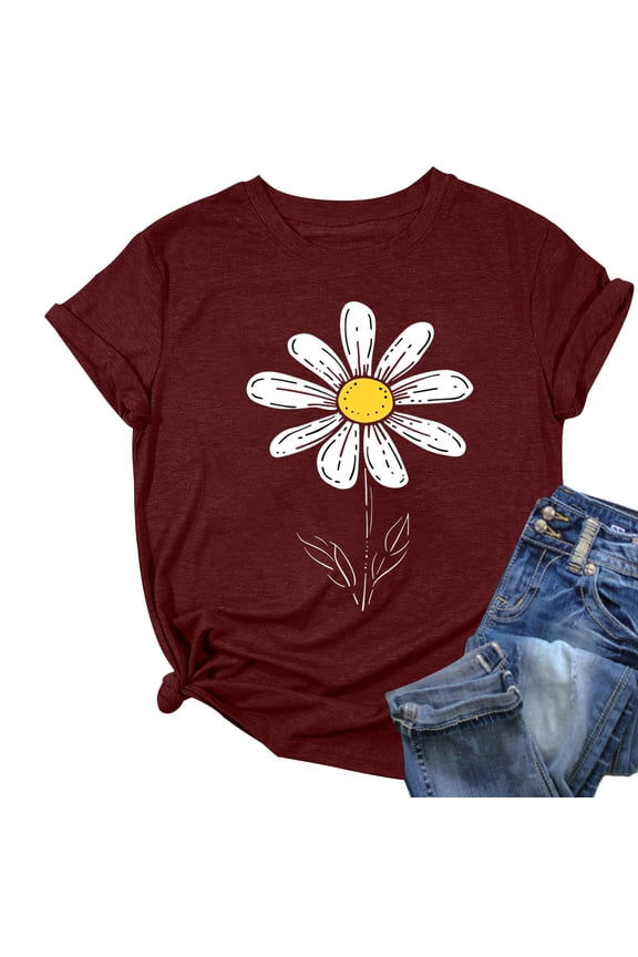 Womens T-Shirts Printed Floral Crew Neck Short Sleeved Tops(Burgundy,XL)
