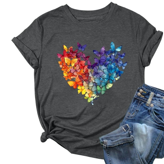 ZQUUVOU Womens T-Shirts Printed Floral Crew Neck Short Sleeved Tops(Gray,L)