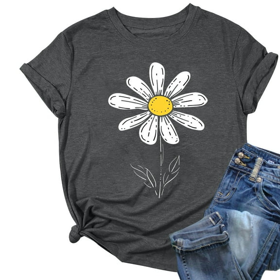 ZQUUVOU Womens T-Shirts Printed Floral Crew Neck Short Sleeved Tops(Gray,M)