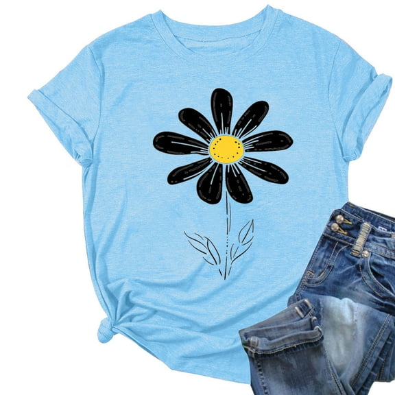 ZQUUVOU Womens T-Shirts Printed Floral Crew Neck Short Sleeved Tops(Light Blue,S)