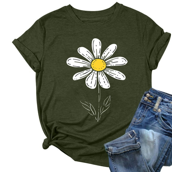ZQUUVOU Womens T-Shirts Printed Floral Crew Neck Short Sleeved Tops(Olive Green,M)