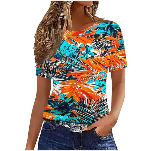 ZQUUVOU Womens T-Shirts Printed Round Neck Short Sleeve Tops(Orange,M)