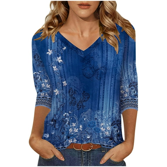 ZQUUVOU Womens T-Shirts Printed V-Neck 3/4 Sleeves Loose Summer Casual Top(Blue,XL)