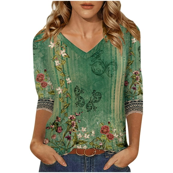 ZQUUVOU Womens T-Shirts Printed V-Neck 3/4 Sleeves Loose Summer Casual Top(Green,3XL)