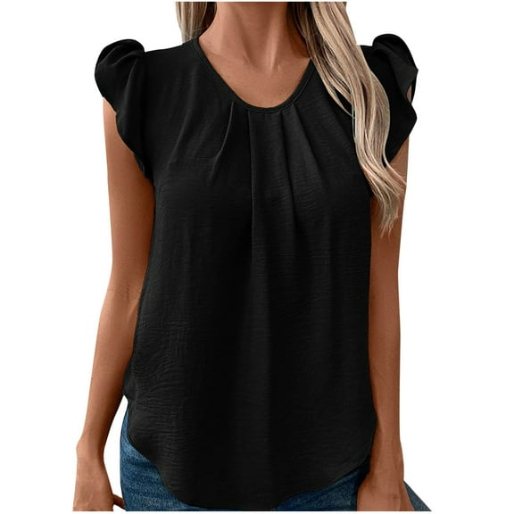ZQUUVOU Womens T-Shirts Solid Color Crew Neck Ruffle Sleeve Front Pleated Tops(Black,L)