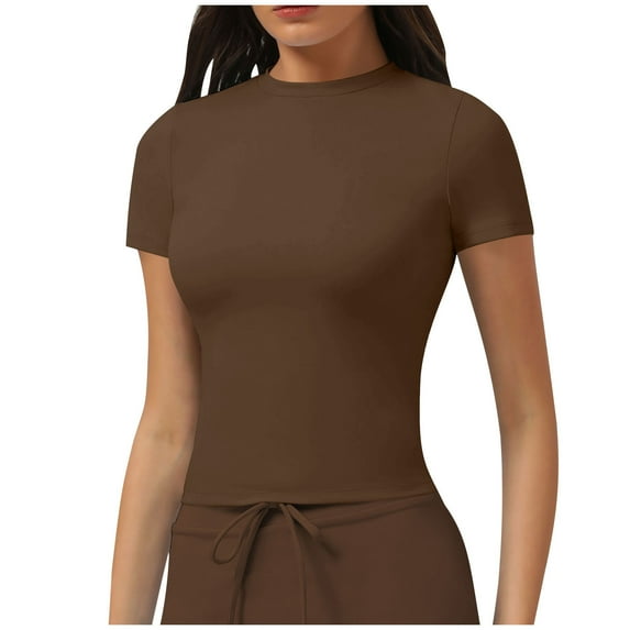 ZQUUVOU Womens T-Shirts Solid Color Crew Neck Short Sleeve Round-Neck Tops(Coffee,L)