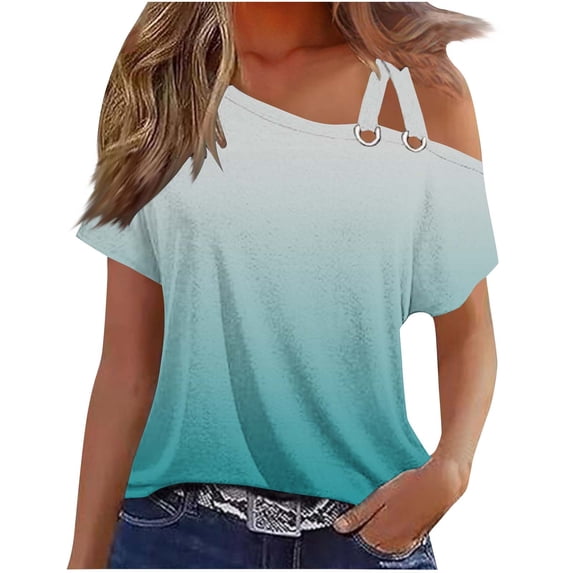 ZQUUVOU Womens T-Shirts Solid Color One Shoulder Off Double Suspender Short Sleeved Loose Tops(Light Blue,M)