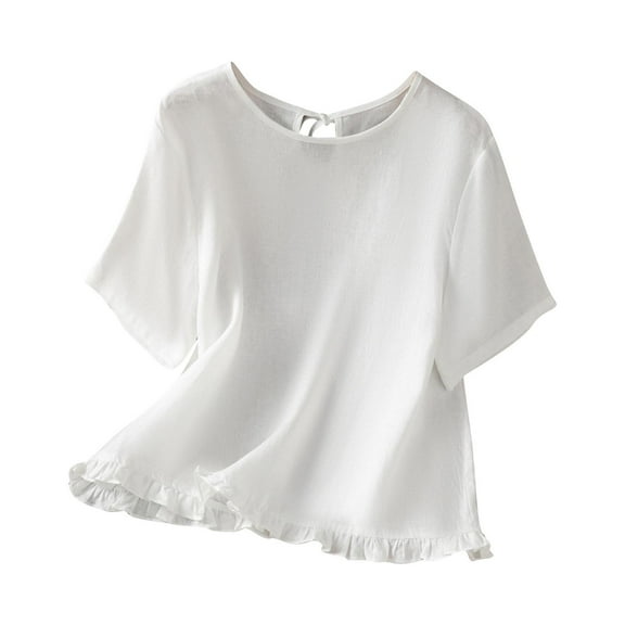 ZQUUVOU Womens T-Shirts Solid Color Short Sleeved Ruffle Hem Crew Neck Top(White,M)