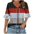 thumbnail image 1 of ZQUUVOU Womens T-Shirts Stripe Printed 3/4 Ruffle Sleeved V-Neck Summer Tops(Red,S), 1 of 5