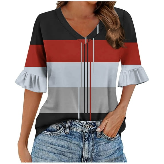 ZQUUVOU Womens T-Shirts Stripe Printed 3/4 Ruffle Sleeved V-Neck Summer Tops(Red,S)