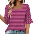 thumbnail image 1 of ZQUUVOU Womens T-Shirts Stripe Ruffle Short Sleeve Square Neck Tops(Hot Pink,M), 1 of 6