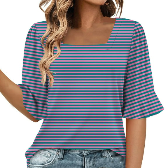 ZQUUVOU Womens T-Shirts Stripe Ruffle Short Sleeve Square Neck Tops(Navy,S)