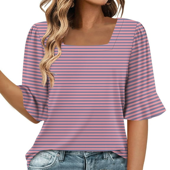 ZQUUVOU Womens T-Shirts Stripe Ruffle Short Sleeve Square Neck Tops(Pink,S)