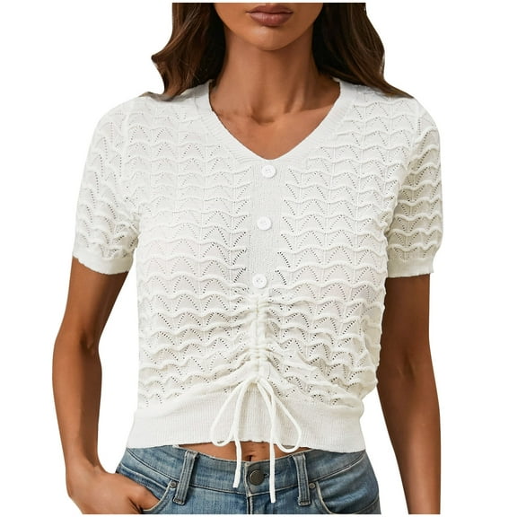ZQUUVOU Womens T-Shirts Summer Knit Solid Color V-Neck Hollow Out Short Sleeve Tops(White,2XL)