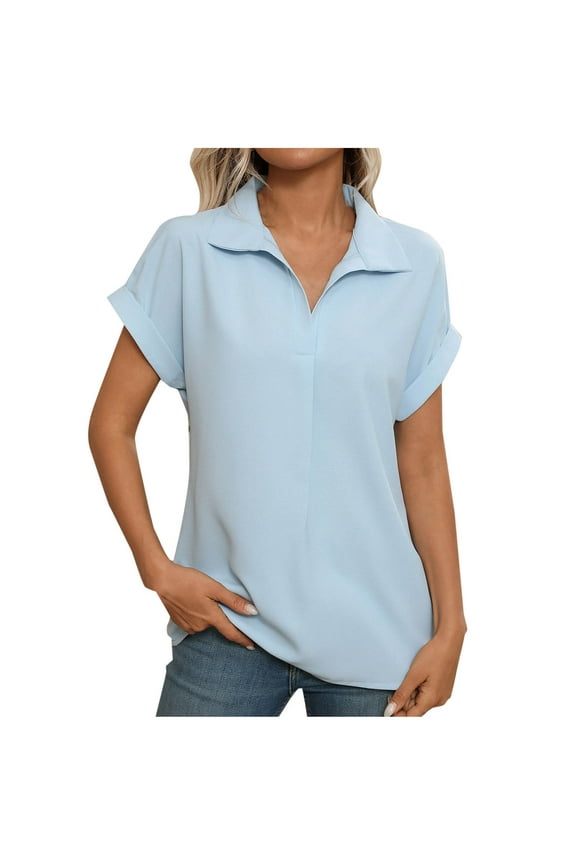 Womens T-Shirts Turn Down Collar Solid Color Casual Loose Sleeve Summer Tops(Light Blue,M)