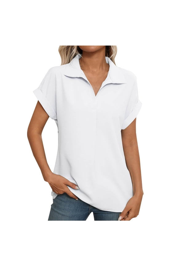Womens T-Shirts Turn Down Collar Solid Color Casual Loose Sleeve Summer Tops(White,S)