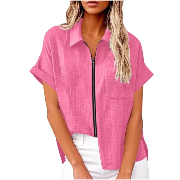 ZQUUVOU Womens T-Shirts Turndown Collar Short Sleeve Zipper Tunic Pocket Summer Casual Tops(Hot Pink,M)