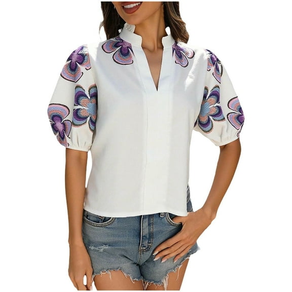 ZQUUVOU Womens T-Shirts Women's Embroidered Blouses Short Sleeved V-Neck Pullover Fashionable Top(Purple,S)