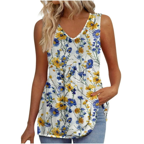 ZQUUVOU Womens Tank Tops Printed V Neck Sleeveless Tops(Multicolor,M)