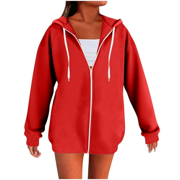 ZQUUVOU Zip Up Sweatshirts for Women Solid Color Srawstring Long Sleeved Zipper Fashionable Top Hooded Sweatshirts Coat Blouse Red