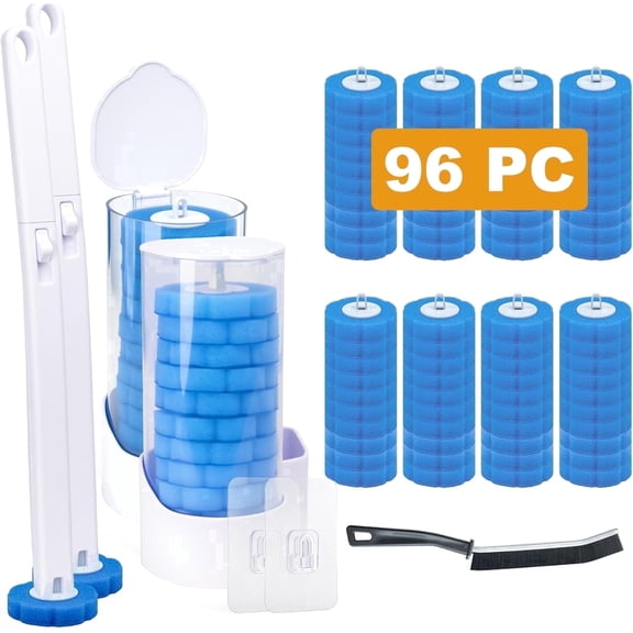 Disposable Toilet Bowl Brush with 96 High-Performance Refills, Toilet Cleaning System Starter Kit, Wall Mounted Brush and Holder for Deep Cleaning Bathroom (2 Brush + 96 Refills)