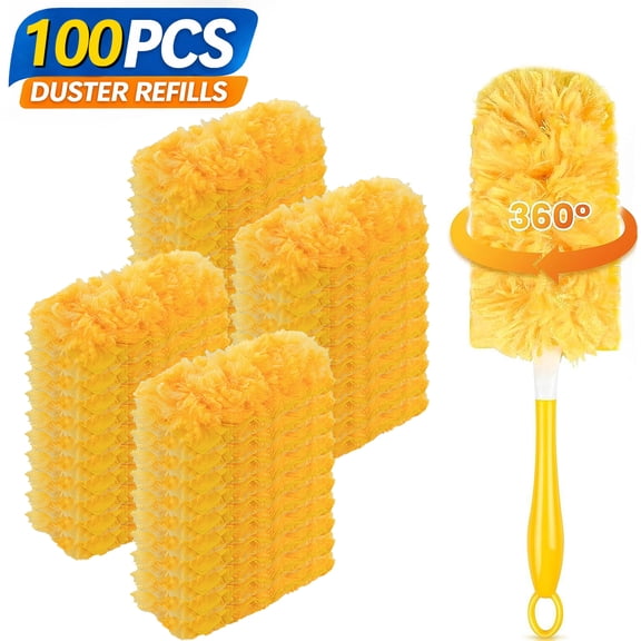 100 Pack Heavy Duty Duster Refills with 1 Handles, 360° Electrostatic Microfiber Traps Dust Kit, Multi-Surface Disposable for Ceiling Fans, Blinds, Baseboards, Vents&Furniture