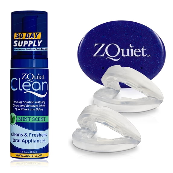 ZQuiet, Anti-Snoring Mouthpiece (Clear) + Cleaner (1.5oz Bottle), Starter Pack with 2 Sizes, Made in USA, BPA-Free, Medical-Grade Material, Clear