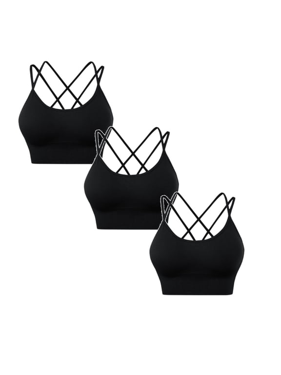 3 Pack Womens Cross Back Sport Bras Padded Strappy Criss Cross Cropped Bras For Yoga Workout Fitness Low Impact Bras Ladies Soft Breathable Bra