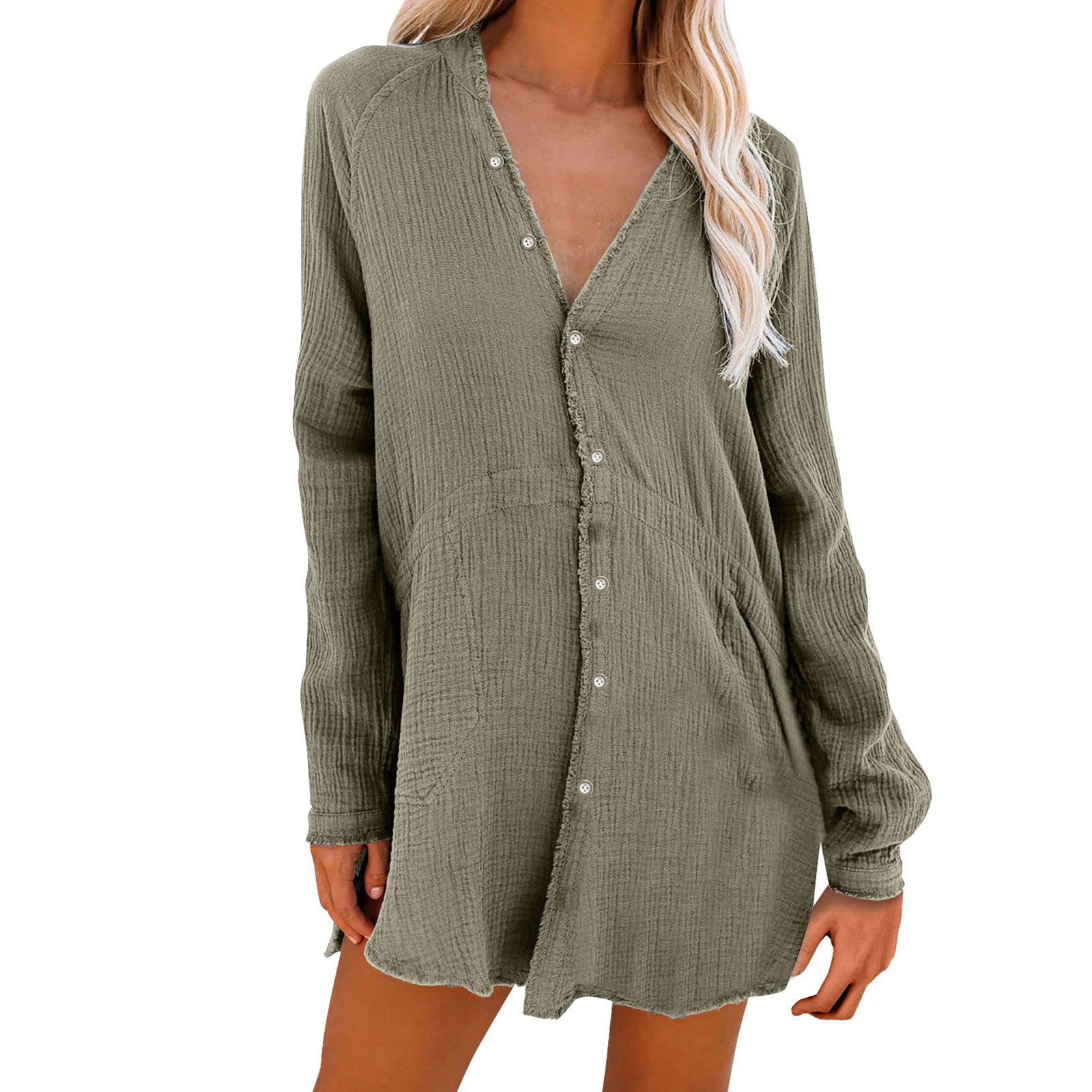 ZRBYWB Blouses For Women Linen Shacket Long Sleeve Button Down Collared  Shirt Jacket Tops Dress Womens Shirts