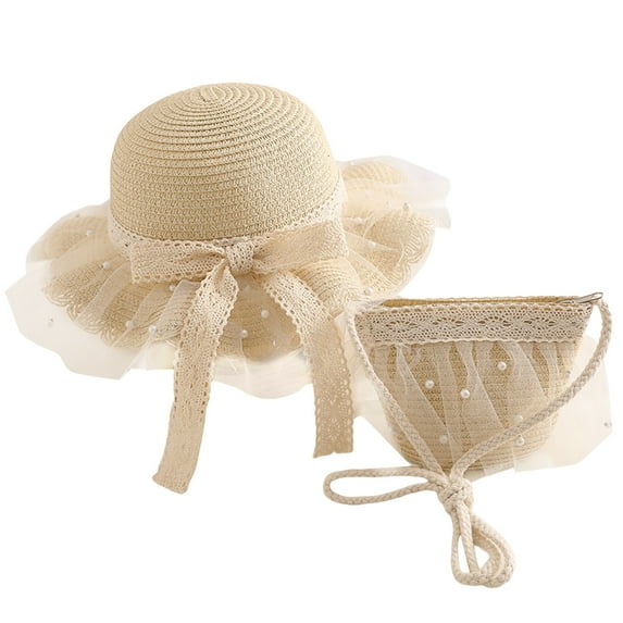 ZRBYWB Children Girls Cartoon Flower Sunshade Hat Straw Beach Sun Hat Straw Bag Kids Summer Accessories Baby Hat