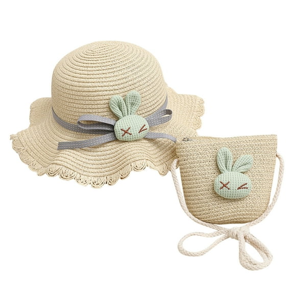 ZRBYWB Children Girls Cartoon Flower Sunshade Hat Straw Beach Sun Hat Straw Bag Kids Summer Accessories Toddler Hat