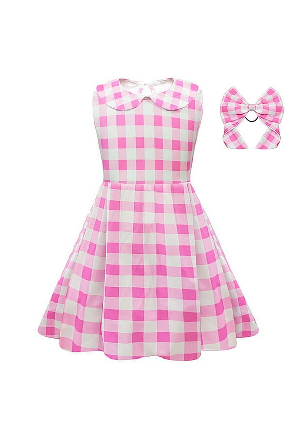 Girl Clothes Pink Gingham Dress Movie Kids Party Fancy Plaid Dressess With Plaid Hair Bow 2 Piece Baby Clothes
