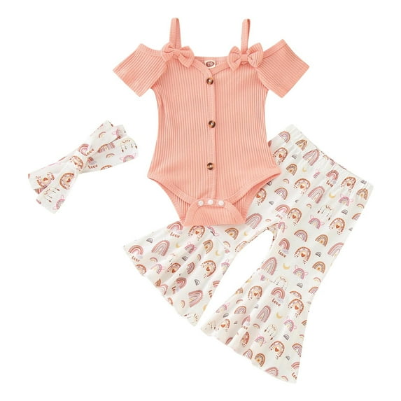 ZRBYWB Girl Clothes Short Sleeve Ribbed Bowknot Romper Bodysuit Rainbow Flower Print Bell Bottoms Pants Headbands Outfits Baby Clothes