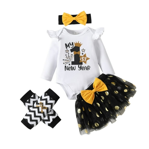 ZRBYWB Girl Outfits Long Sleeve New Year Letter Printed Romper Bodysuit Dot Tulle Skirts Headbands Outfits Baby Clothing