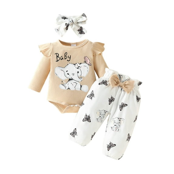 ZRBYWB Girl Outfits Long Sleeve Ribbed Cartoon Print Romper Bodysuit Pants Headbands Outfits Baby Clothes