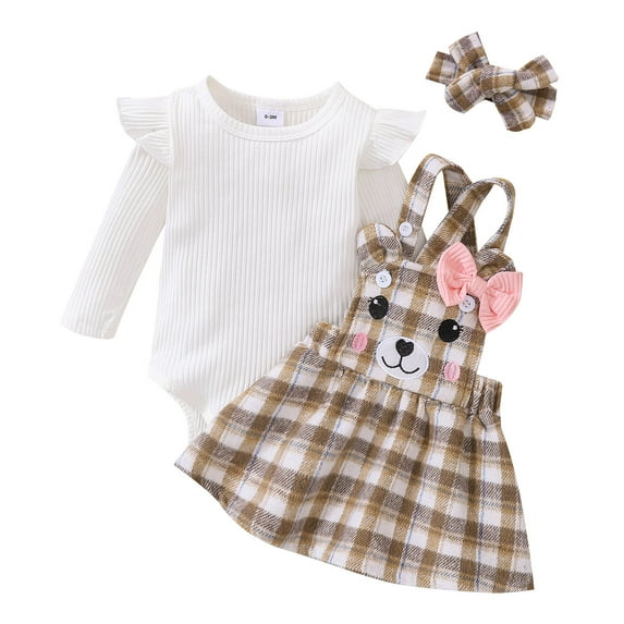 ZRBYWB Girl Outfits Long Sleeve Ribbed Romper Bodysuit Cartoon Plaid Printed Suspender Skirts Outfits Baby Clothing