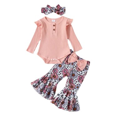 Sopiago Baby Girls Clothes Baby Girl Outfits Long Sleeve Ruffle Romper Floral Pants Headband Sets 12 18 Months Pink